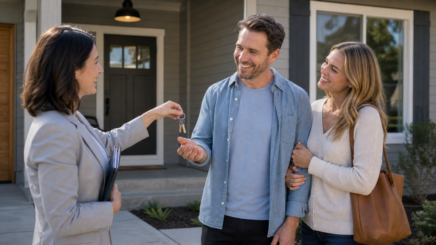 A real estate agent handing keys to happy new homeowners
